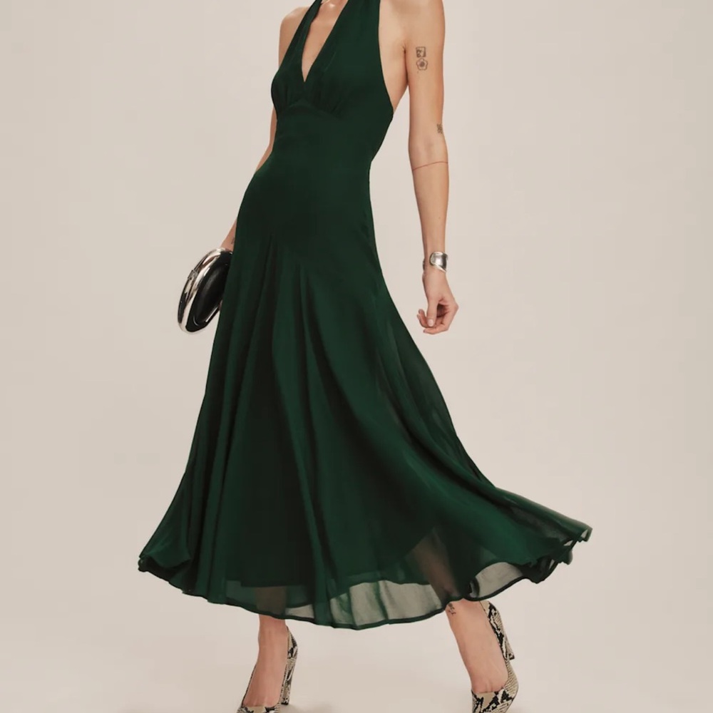 green dress Reformation “Briony Dress”